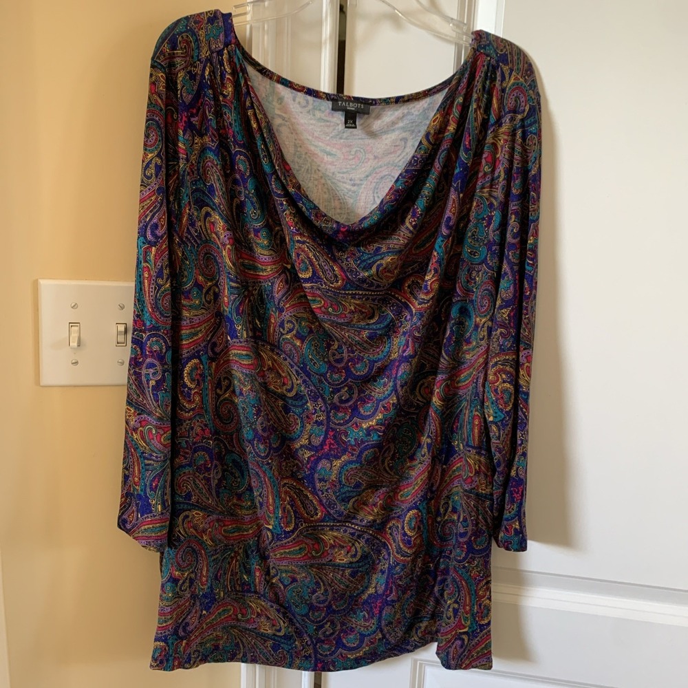 Talbots Womens Paisley Cowl neck Top Sz 2X 3/4 Sleeves Career Multicolor